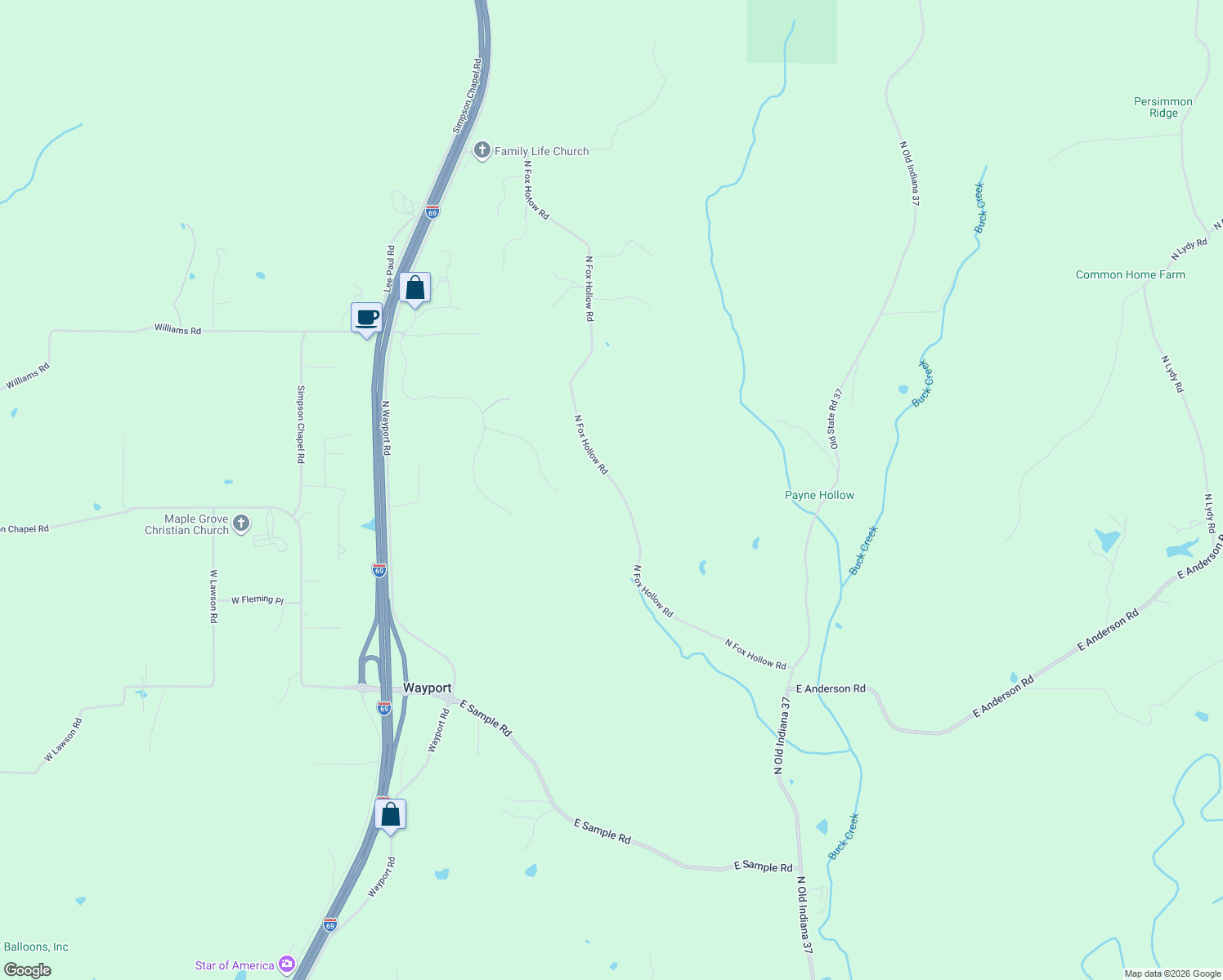 map of restaurants, bars, coffee shops, grocery stores, and more near 7890-7940 North Fox Hollow Road in Bloomington
