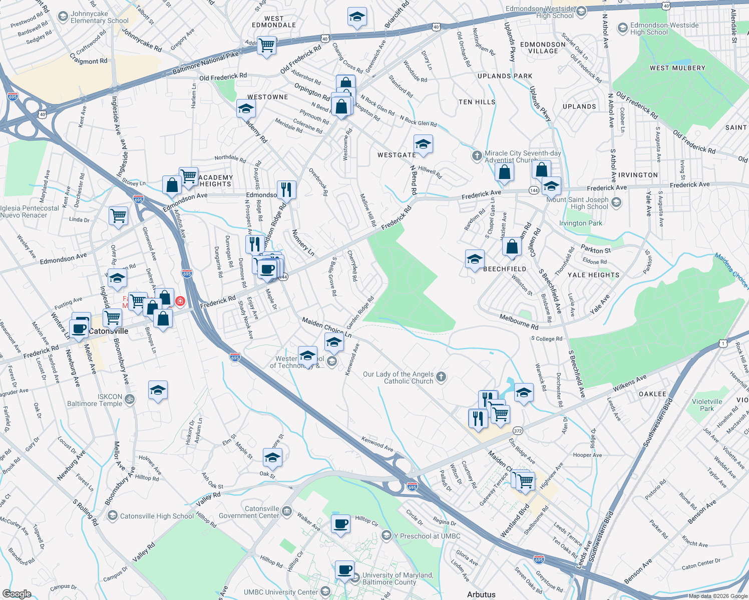 map of restaurants, bars, coffee shops, grocery stores, and more near 406-498 Taylor Avenue in Catonsville