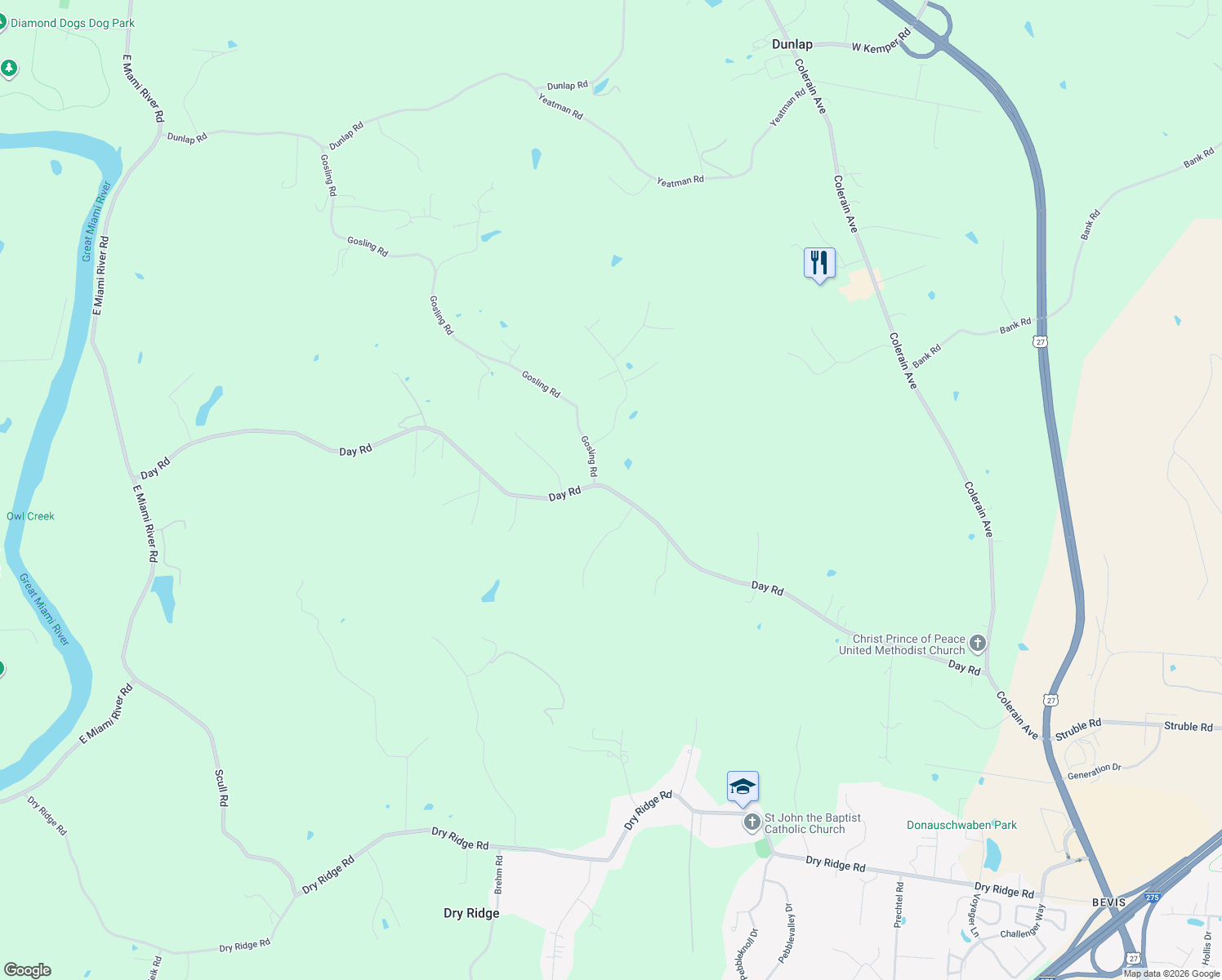 map of restaurants, bars, coffee shops, grocery stores, and more near 5650 Day Road in Cincinnati