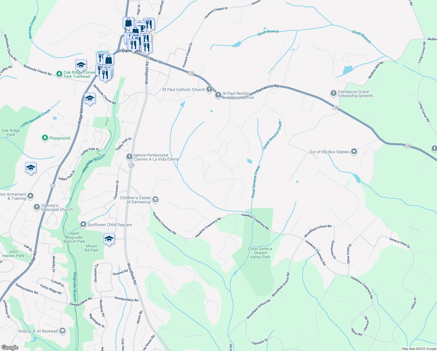 map of restaurants, bars, coffee shops, grocery stores, and more near 9307 Heather Field Court in Laytonsville