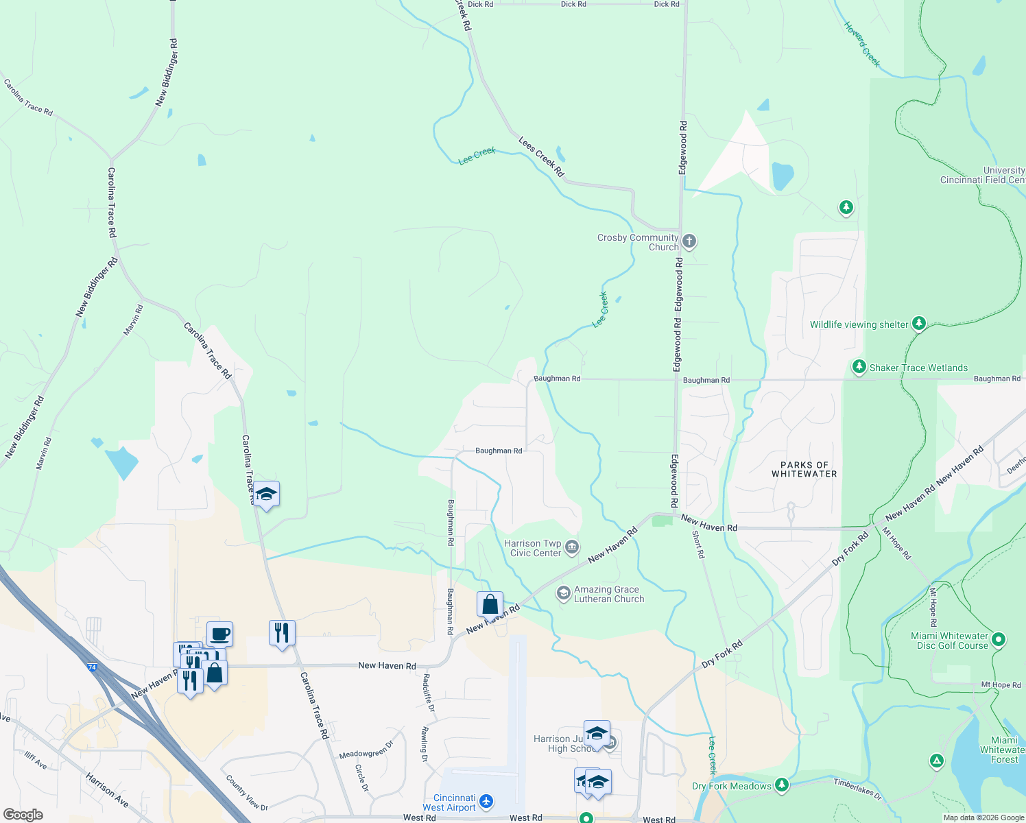 map of restaurants, bars, coffee shops, grocery stores, and more near 9886 Baughman Road in Harrison