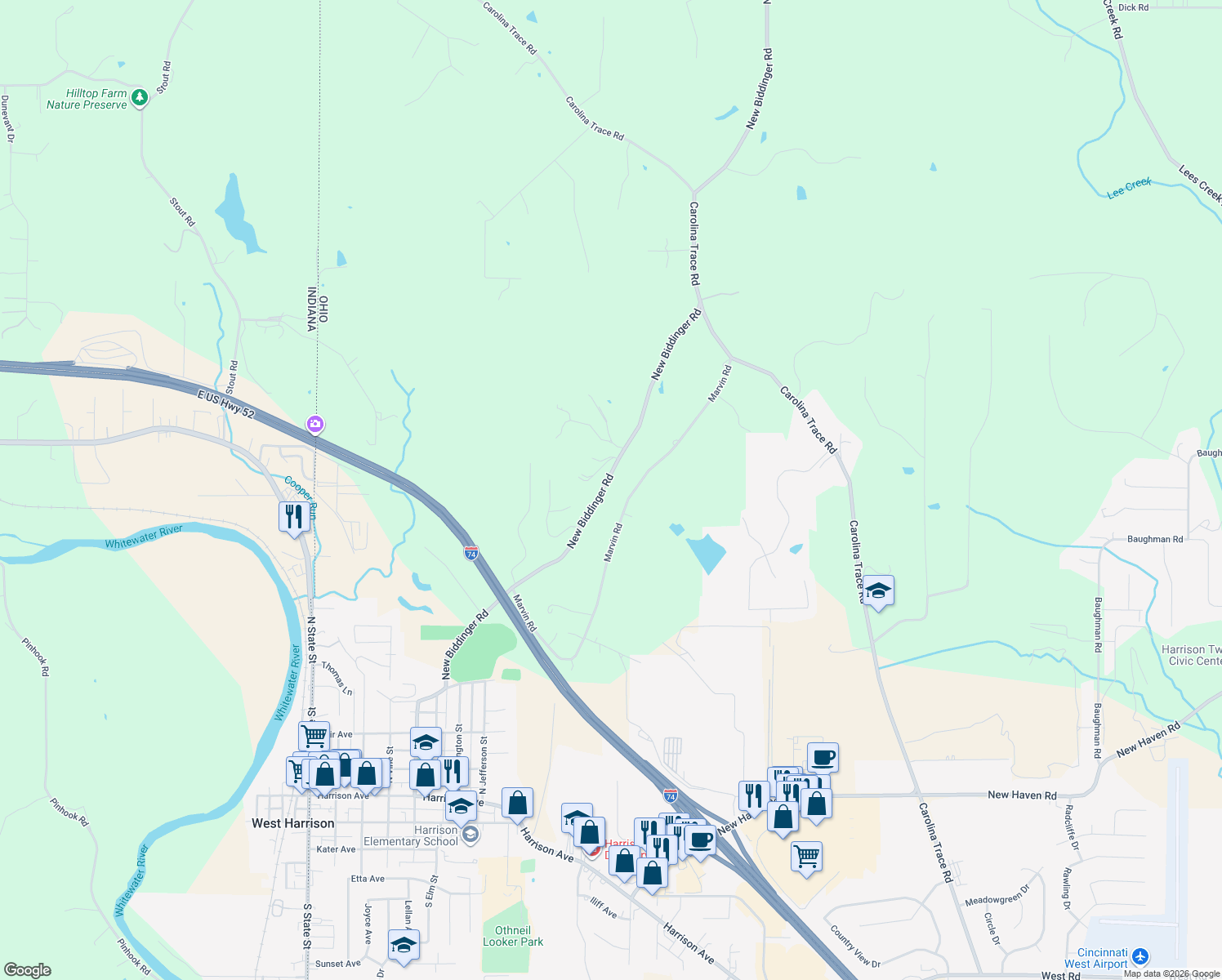 map of restaurants, bars, coffee shops, grocery stores, and more near 10648 New Biddinger Road in Harrison