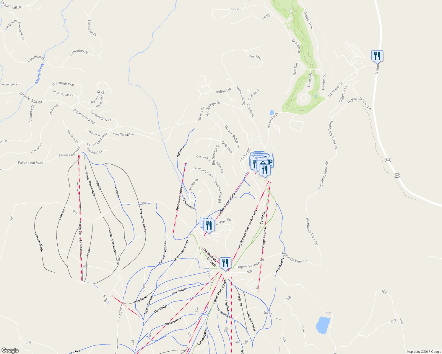 map of restaurants, bars, coffee shops, grocery stores, and more near 2218 Silver Fox in Truckee