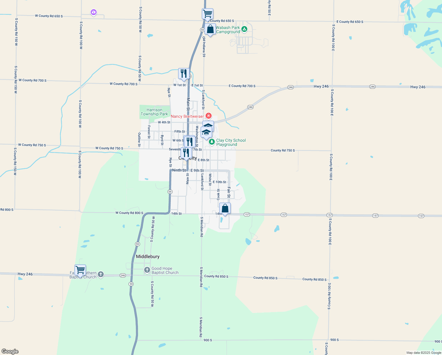 map of restaurants, bars, coffee shops, grocery stores, and more near 907 Cook Street in Clay City