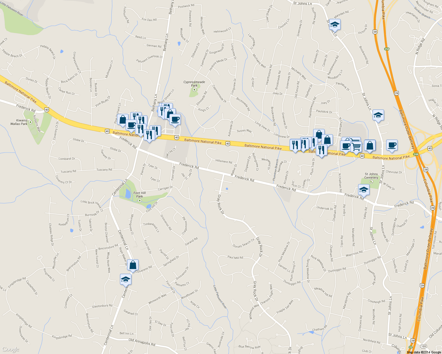 map of restaurants, bars, coffee shops, grocery stores, and more near 3500 Rhode Valley Trail in Ellicott City