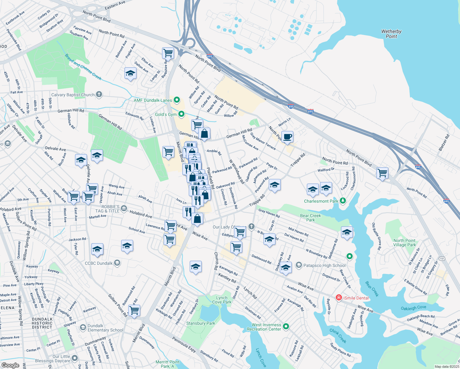 map of restaurants, bars, coffee shops, grocery stores, and more near 2703 Southbrook Road in Dundalk
