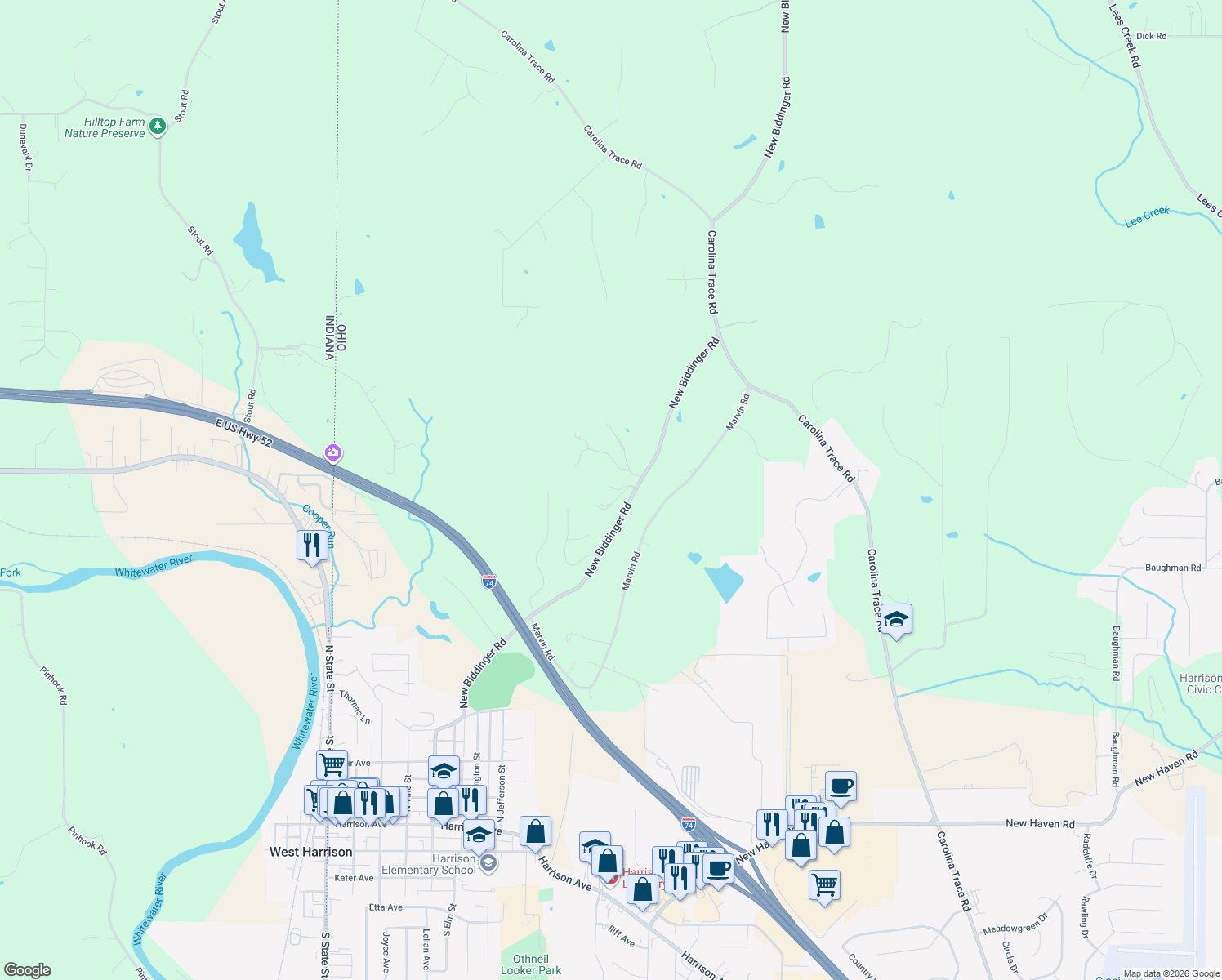 map of restaurants, bars, coffee shops, grocery stores, and more near 10657 New Biddinger Road in Harrison