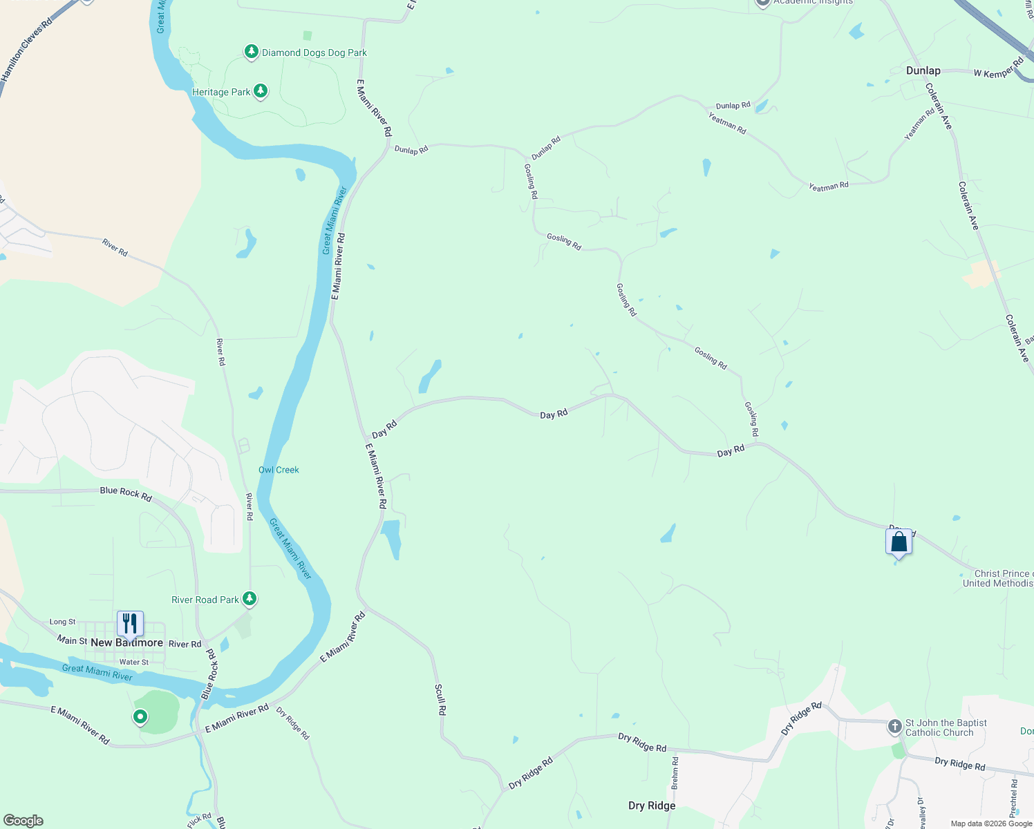 map of restaurants, bars, coffee shops, grocery stores, and more near 6085 Day Road in Cincinnati