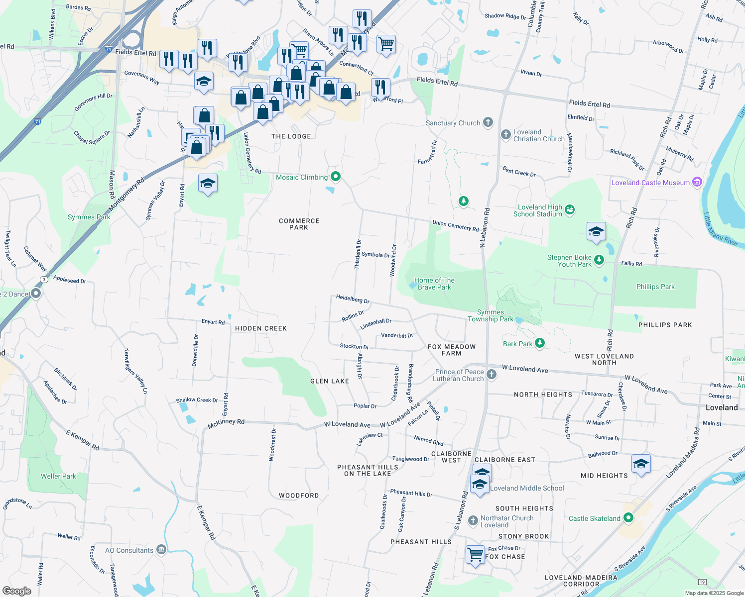 map of restaurants, bars, coffee shops, grocery stores, and more near 1890 Heidelberg Drive in Loveland