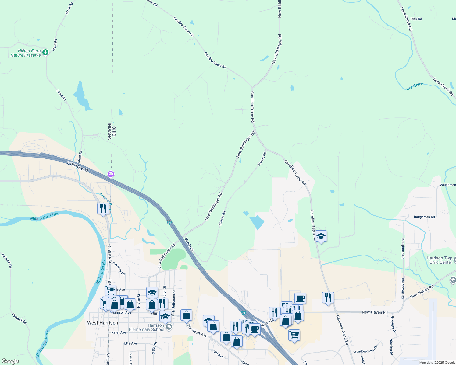 map of restaurants, bars, coffee shops, grocery stores, and more near 10698 New Biddinger Road in Harrison