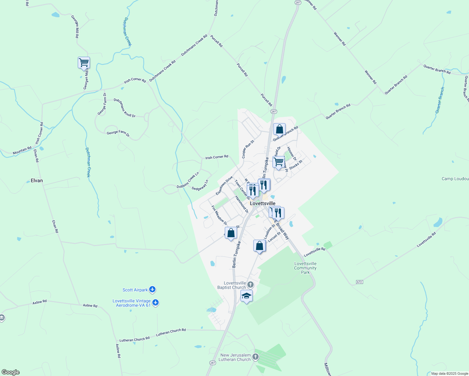 map of restaurants, bars, coffee shops, grocery stores, and more near 14 Spring Farm Drive in Lovettsville