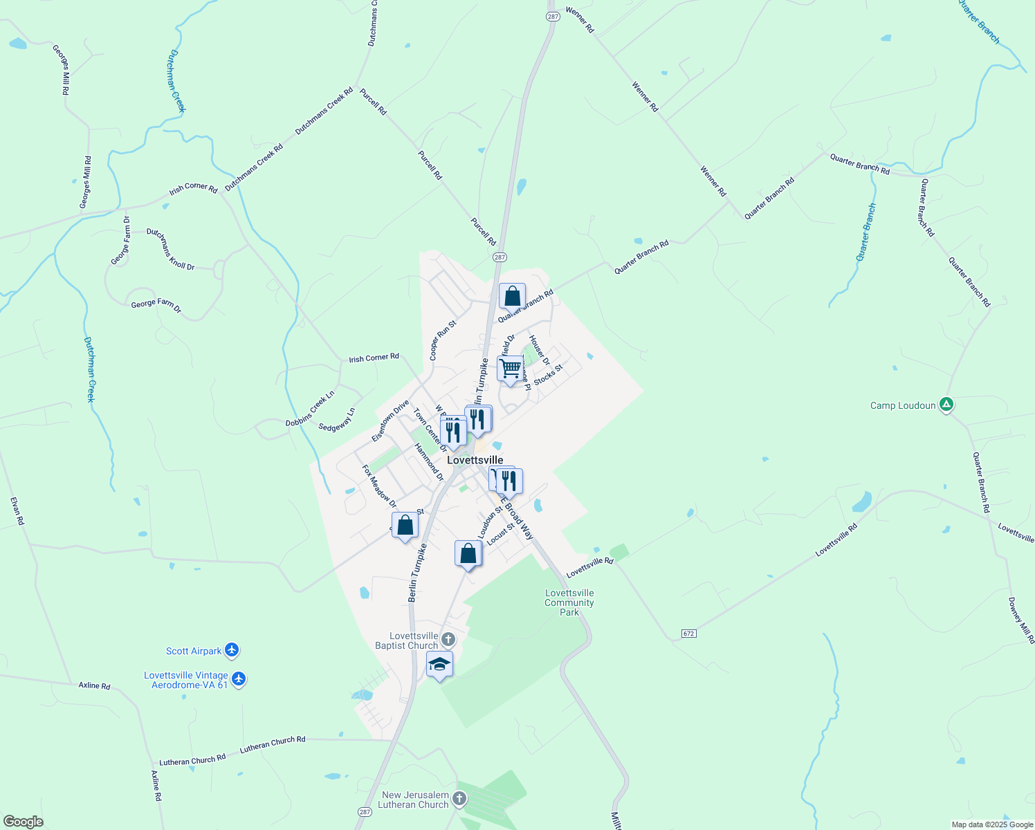 map of restaurants, bars, coffee shops, grocery stores, and more near 28 Tritapoe Place in Lovettsville