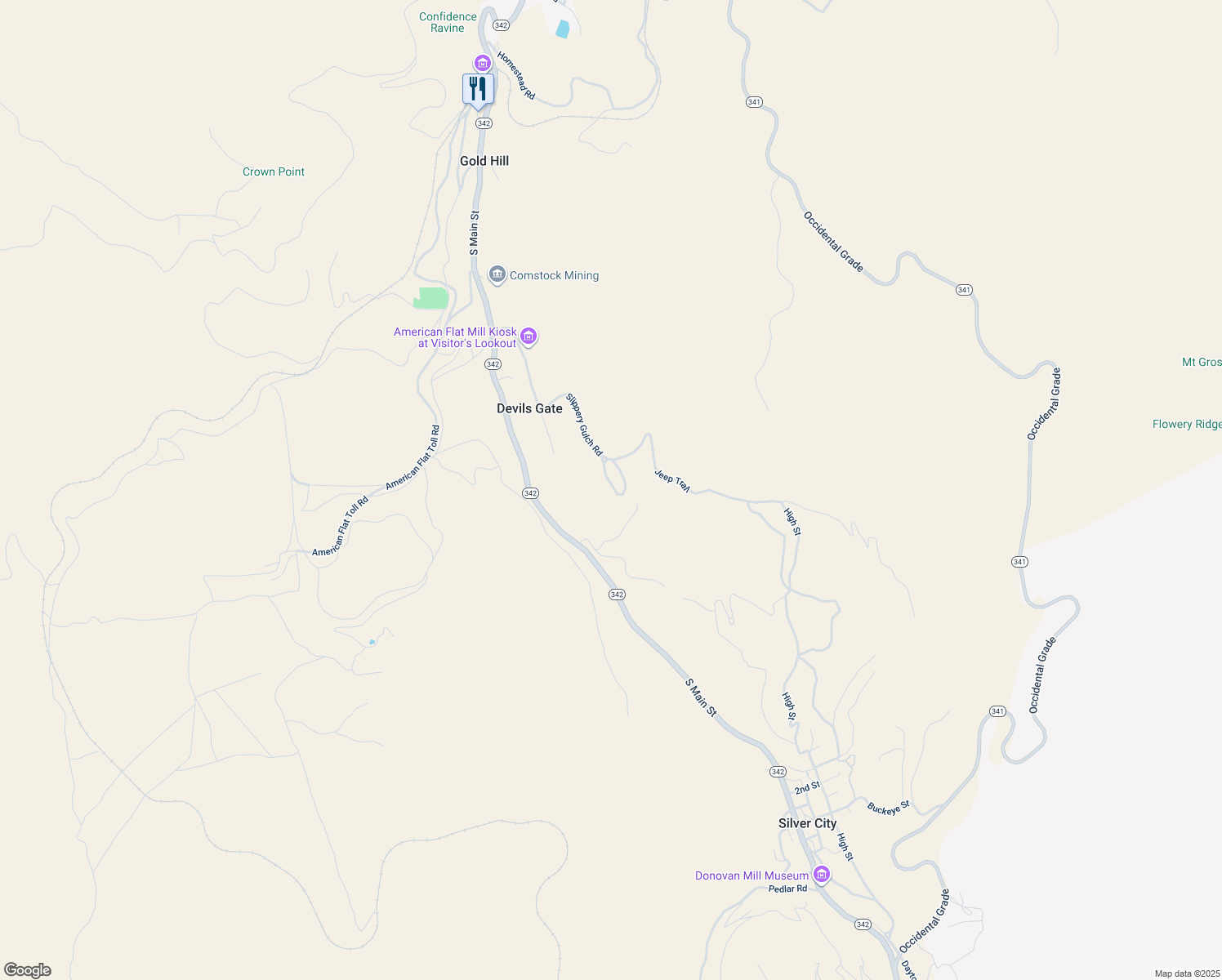 map of restaurants, bars, coffee shops, grocery stores, and more near 2901 Slippery Gulch Road in Virginia City