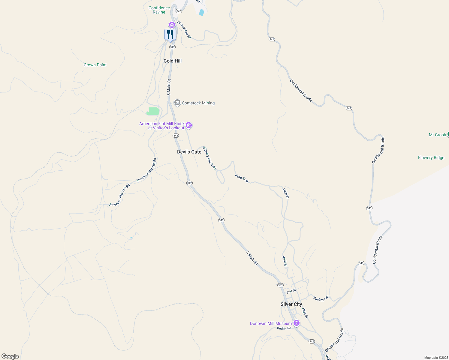 map of restaurants, bars, coffee shops, grocery stores, and more near 2901 Slippery Gulch Road in Virginia City