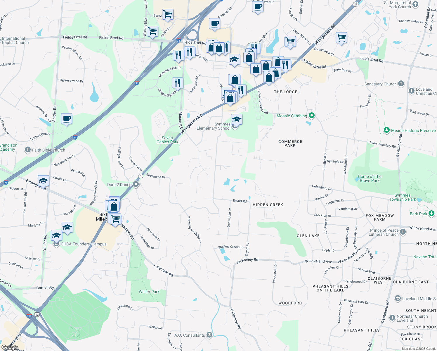 map of restaurants, bars, coffee shops, grocery stores, and more near 11626 Enyart Road in Loveland