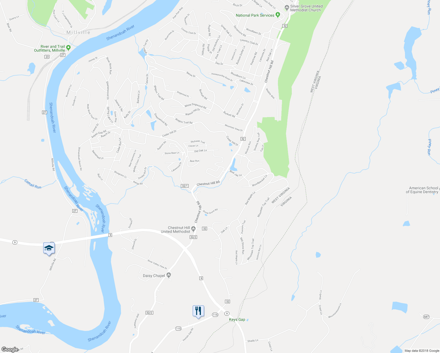 map of restaurants, bars, coffee shops, grocery stores, and more near 1491 Chestnut Hill Road in Harpers Ferry