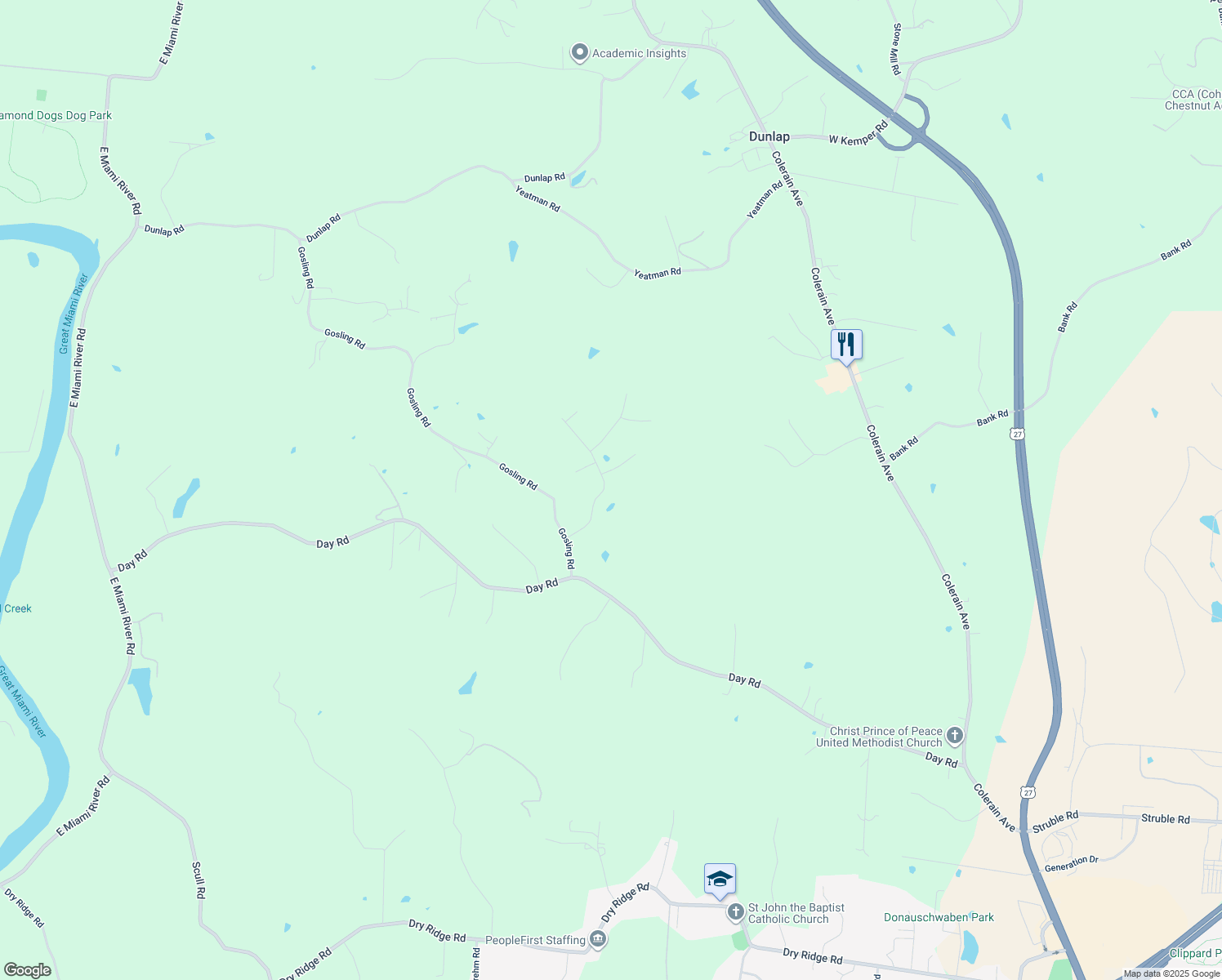 map of restaurants, bars, coffee shops, grocery stores, and more near 10848 Kristiridge Drive in Cincinnati