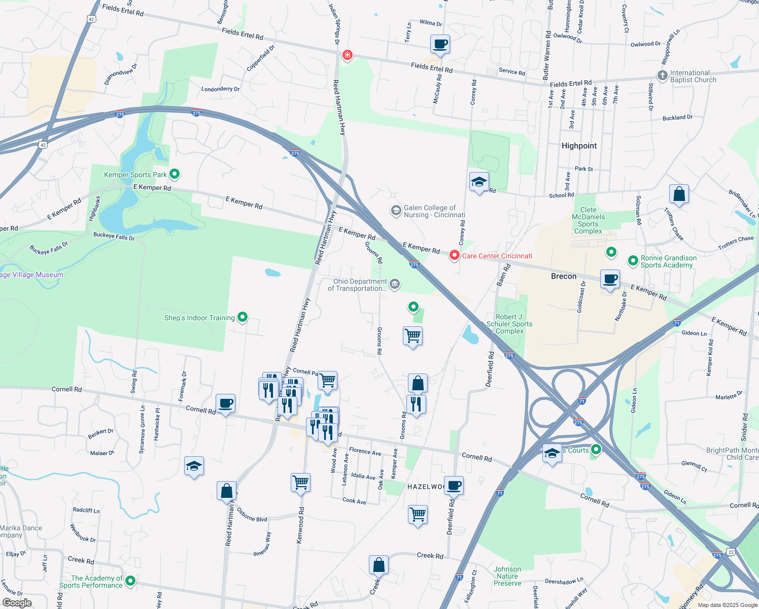 map of restaurants, bars, coffee shops, grocery stores, and more near 11564 Grooms Road in Blue Ash