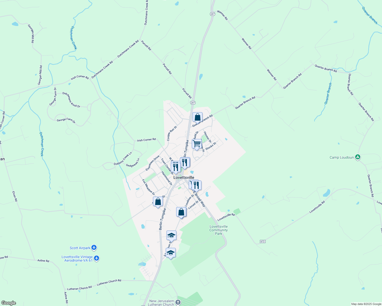 map of restaurants, bars, coffee shops, grocery stores, and more near 13 Potterfield Drive in Lovettsville