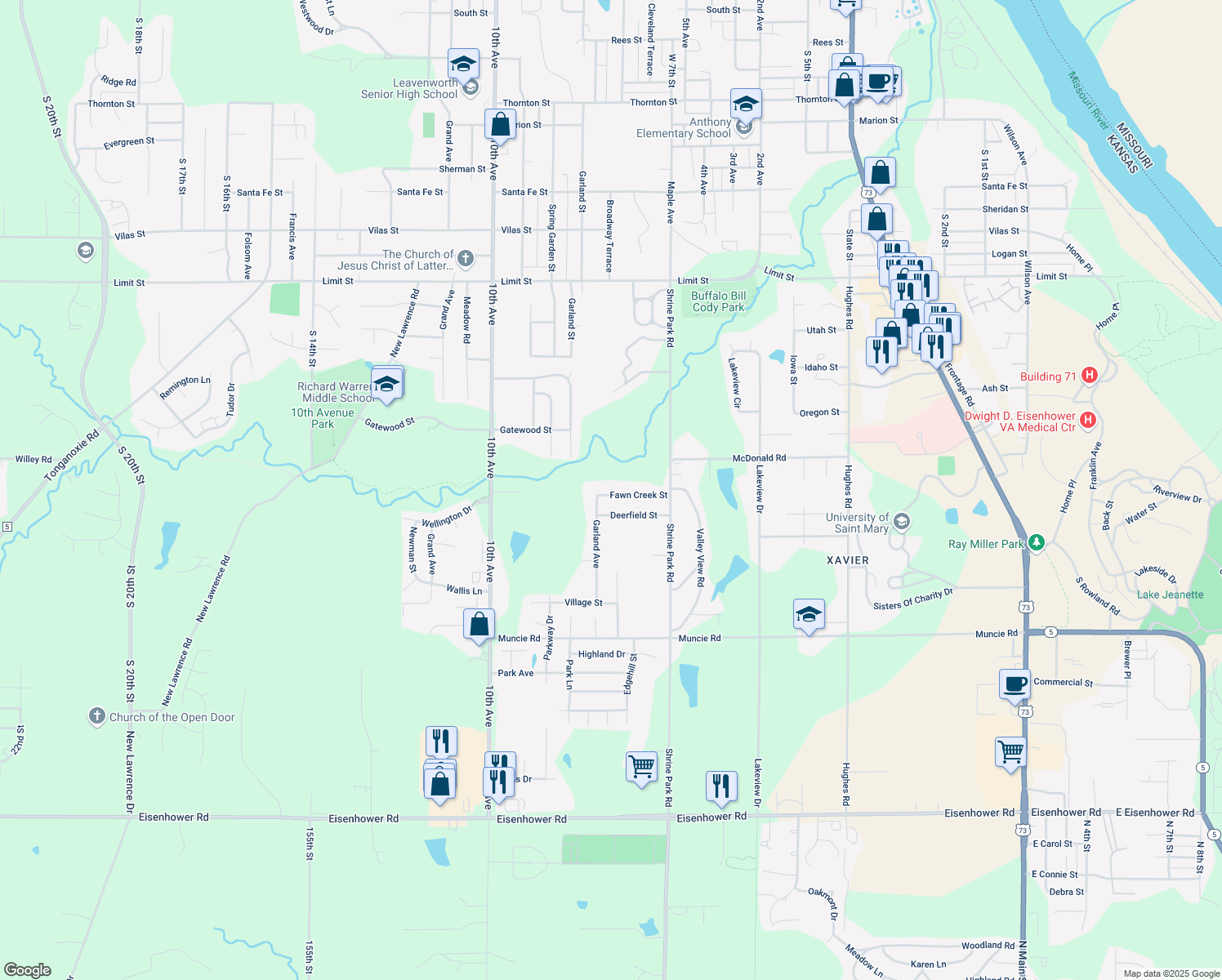 map of restaurants, bars, coffee shops, grocery stores, and more near 740 Fawn Creek Street in Leavenworth
