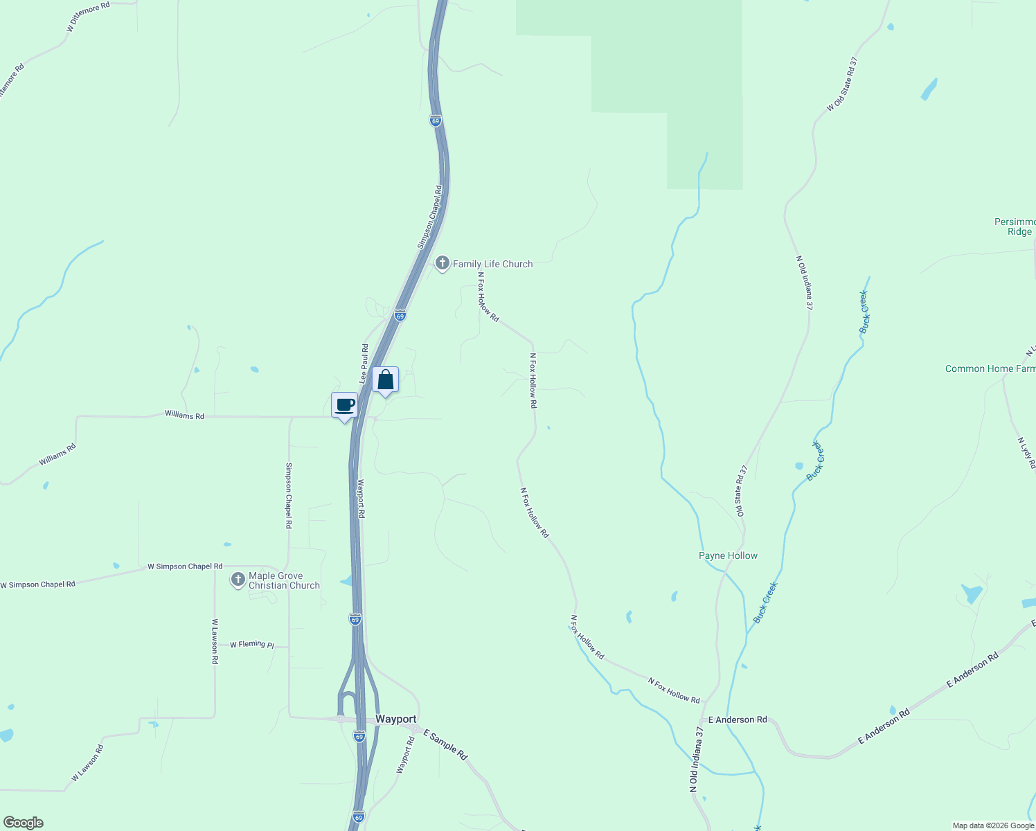 map of restaurants, bars, coffee shops, grocery stores, and more near 8031 North Fox Hollow Road in Bloomington