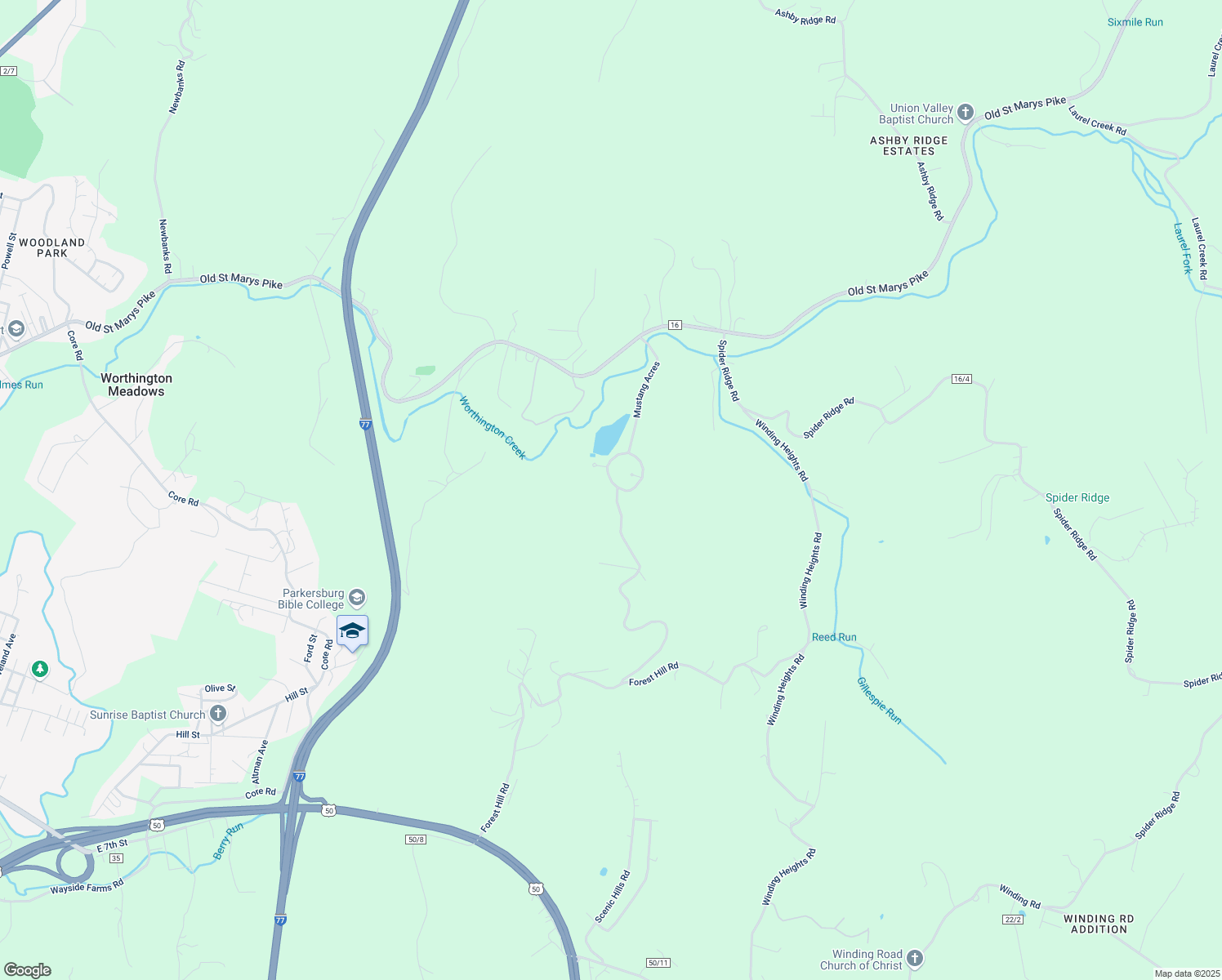 map of restaurants, bars, coffee shops, grocery stores, and more near 30 Mustang Acres in Parkersburg