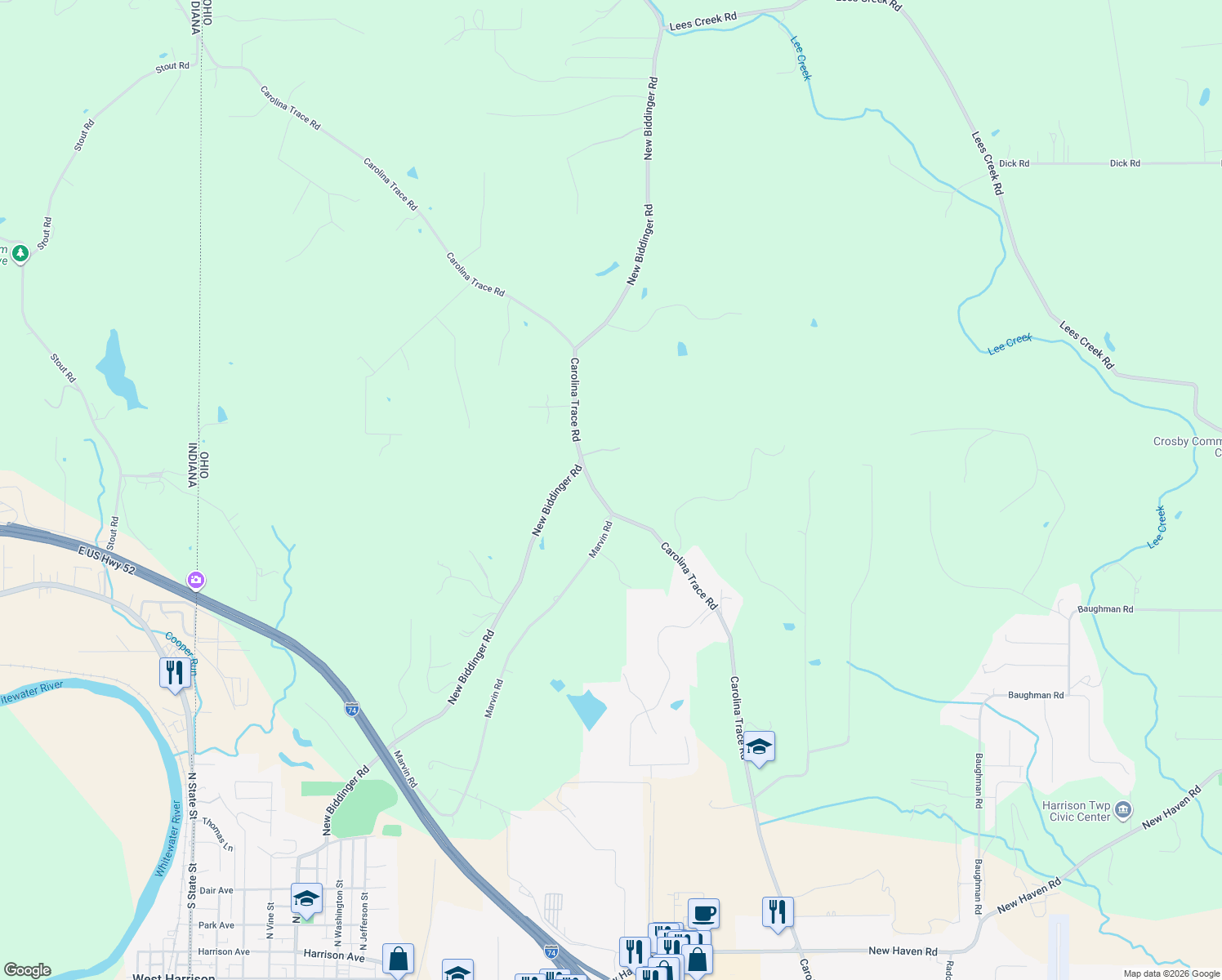 map of restaurants, bars, coffee shops, grocery stores, and more near 10866 Carolina Trace Road in Harrison