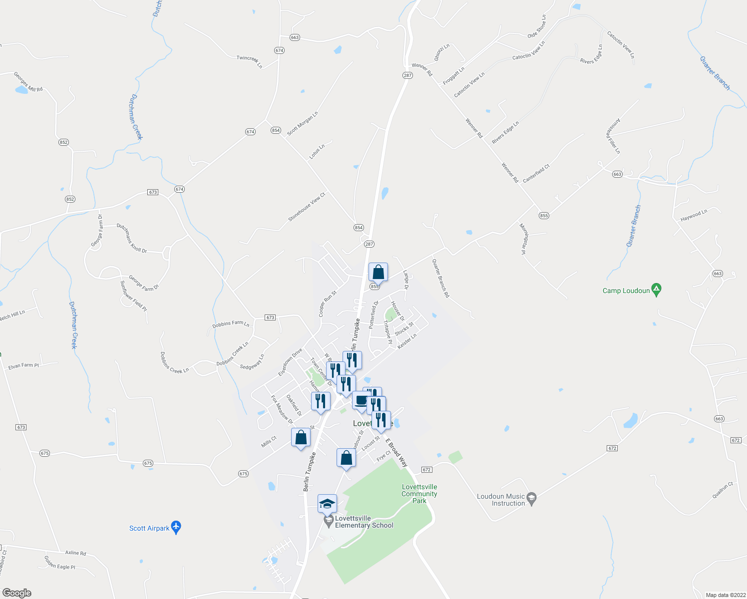 map of restaurants, bars, coffee shops, grocery stores, and more near 43 Potterfield Drive in Lovettsville
