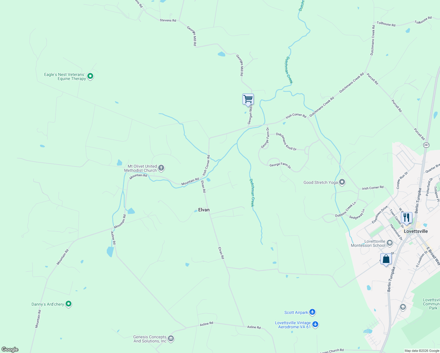 map of restaurants, bars, coffee shops, grocery stores, and more near 38600 Welch Hill Ln in Lovettsville