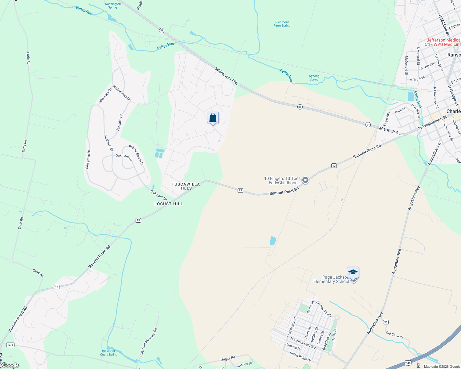 map of restaurants, bars, coffee shops, grocery stores, and more near 7779 Summit Point Road in Charles Town