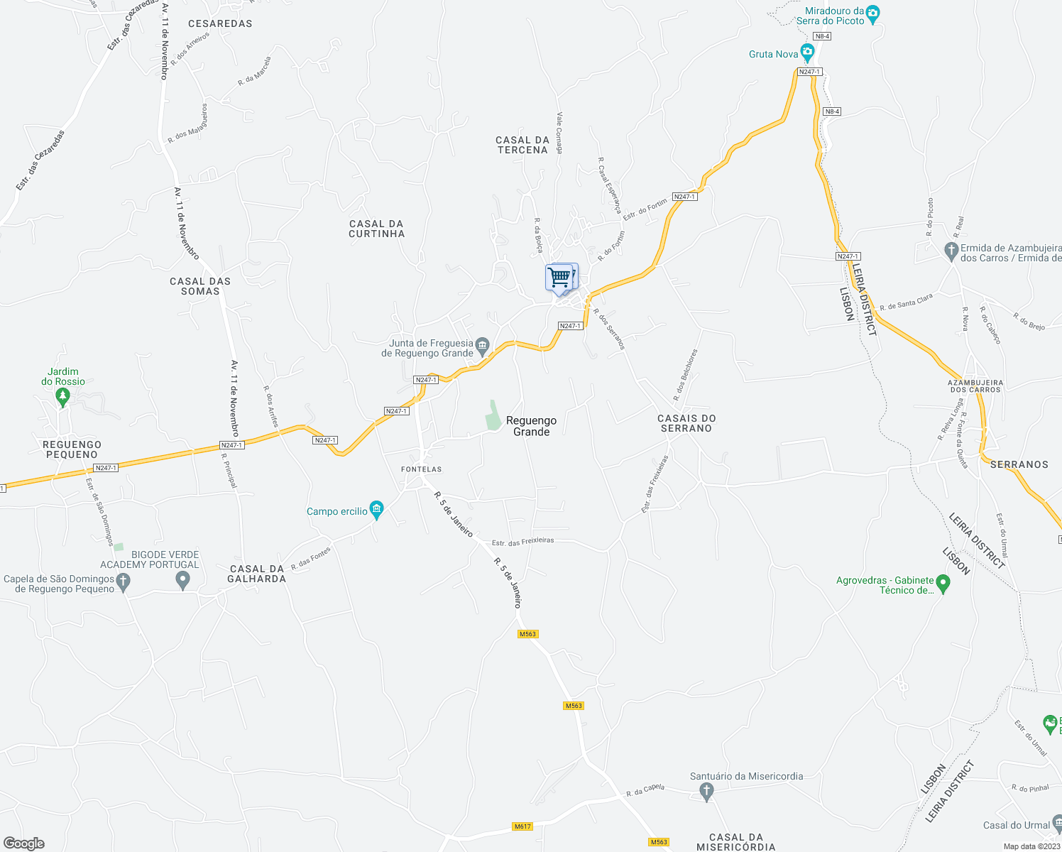 map of restaurants, bars, coffee shops, grocery stores, and more near in Reguengo Grande