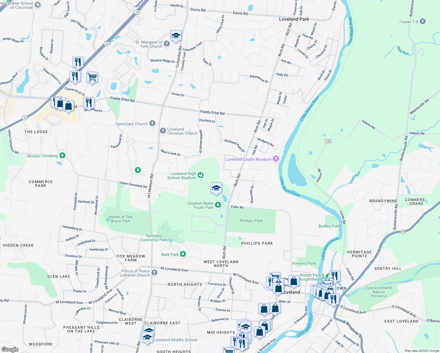 map of restaurants, bars, coffee shops, grocery stores, and more near 10250 Fawncrest Court in Loveland