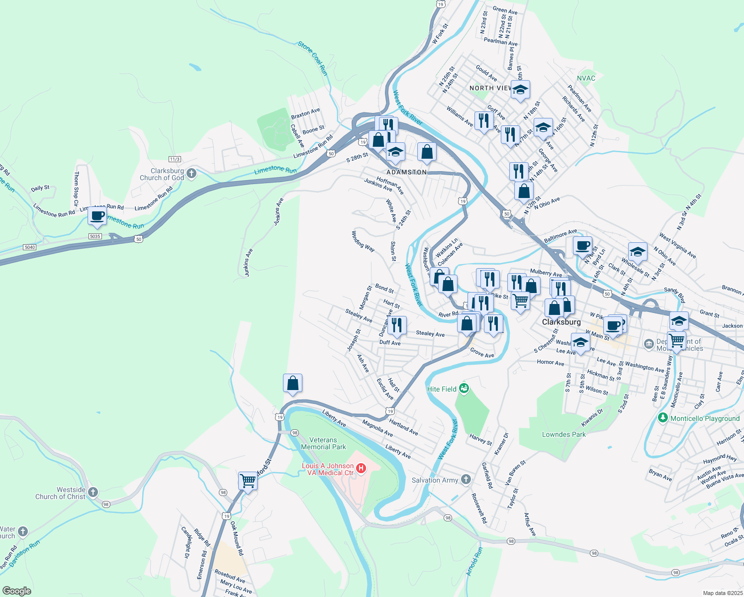 map of restaurants, bars, coffee shops, grocery stores, and more near 625 Hart St in Clarksburg