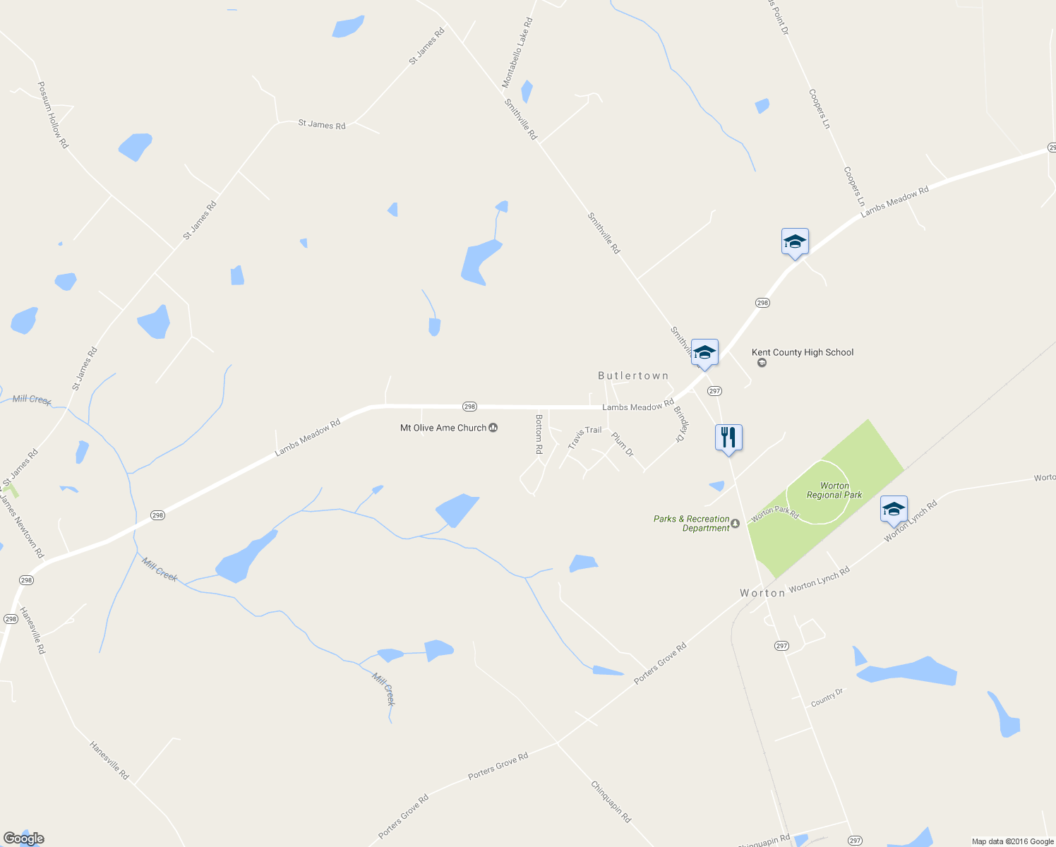 map of restaurants, bars, coffee shops, grocery stores, and more near 24887 Lambs Meadow Road in Worton