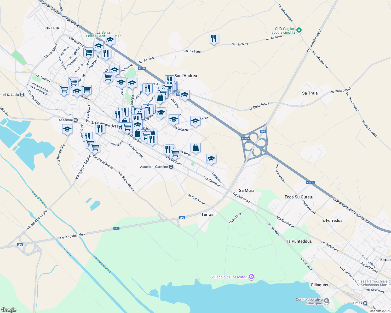 map of restaurants, bars, coffee shops, grocery stores, and more near 59 Via Sacco in Assemini