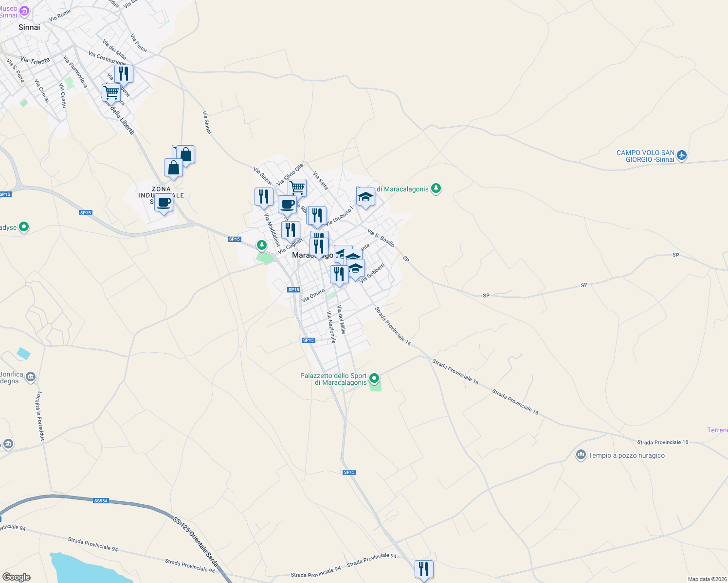 map of restaurants, bars, coffee shops, grocery stores, and more near 4 Via Antonio Mascia in Maracalagonis