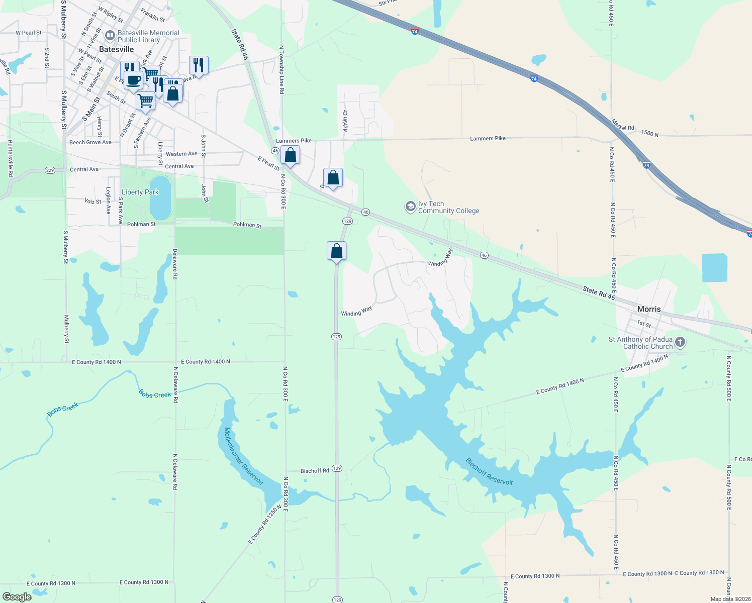 map of restaurants, bars, coffee shops, grocery stores, and more near 284 Winding Way in Batesville