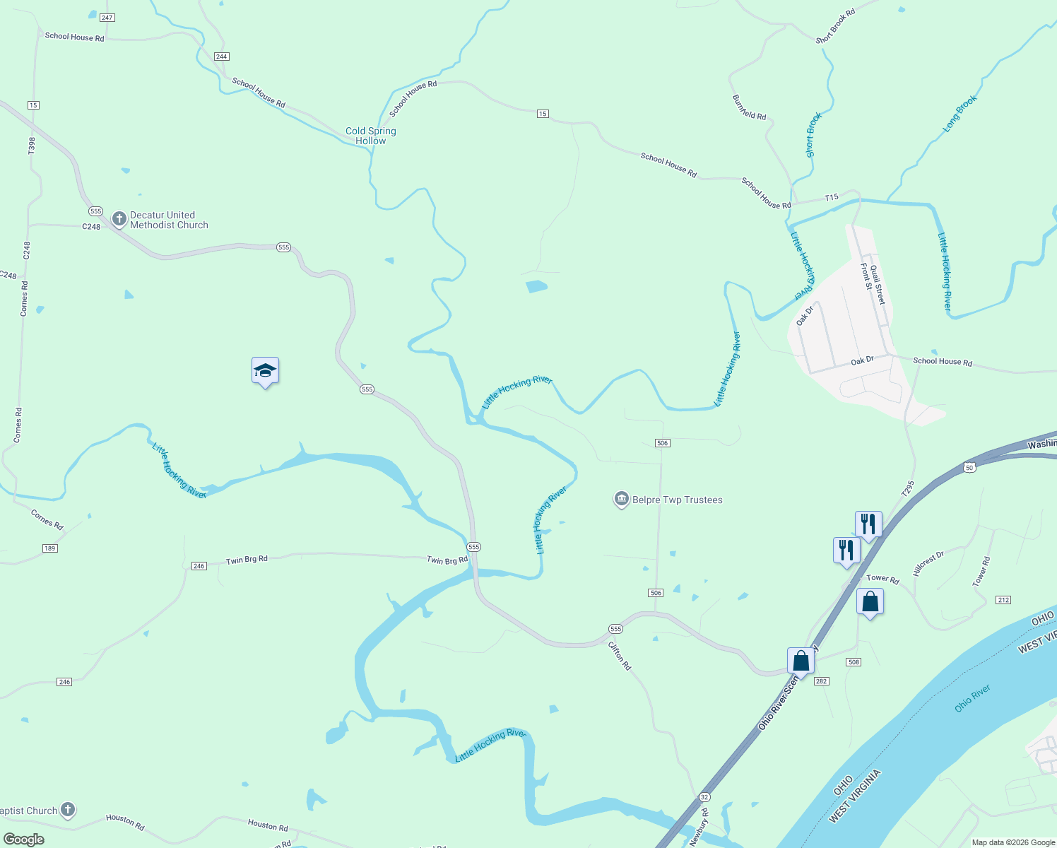 map of restaurants, bars, coffee shops, grocery stores, and more near 73 T1309 in Little Hocking