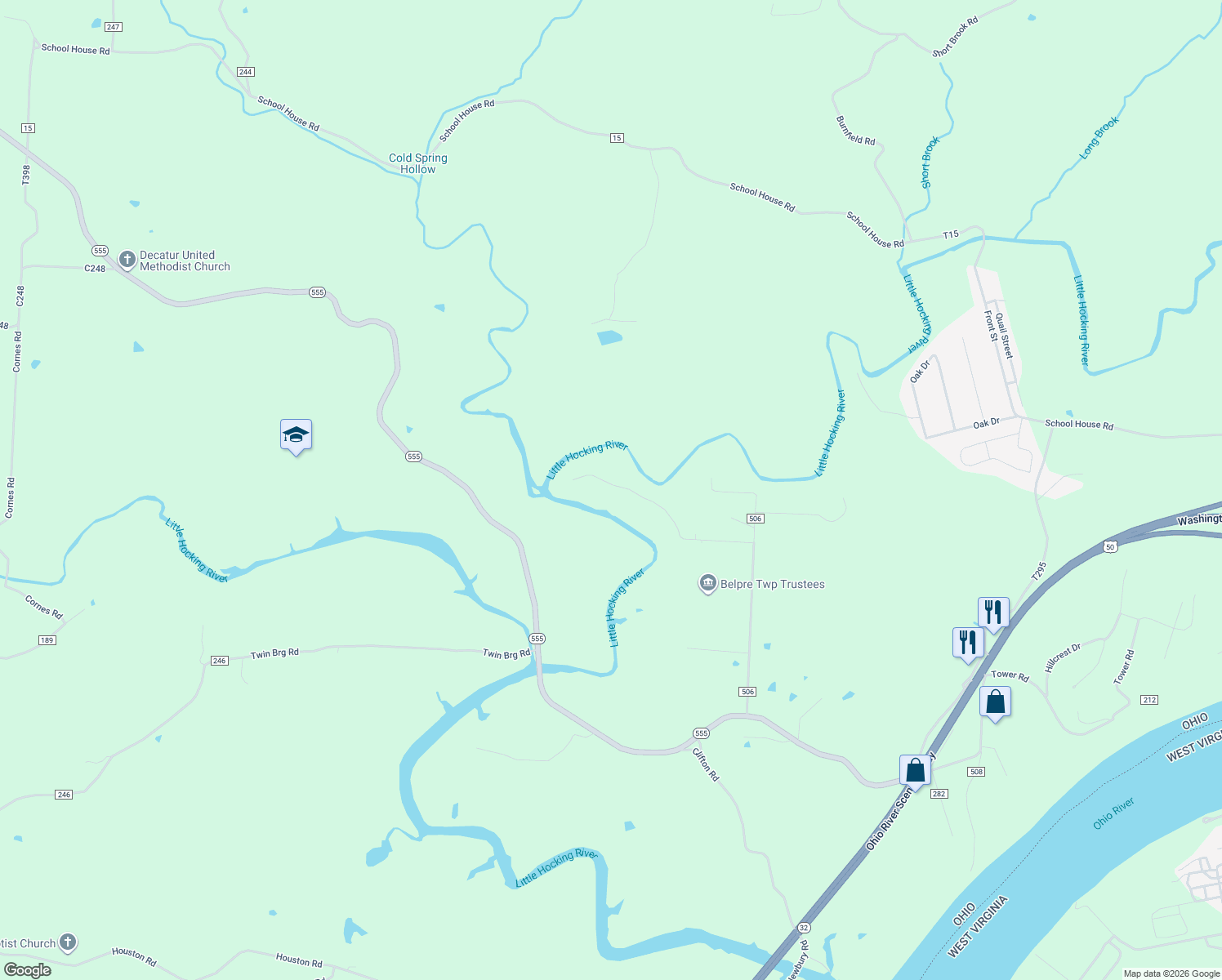 map of restaurants, bars, coffee shops, grocery stores, and more near 73 T1309 in Little Hocking