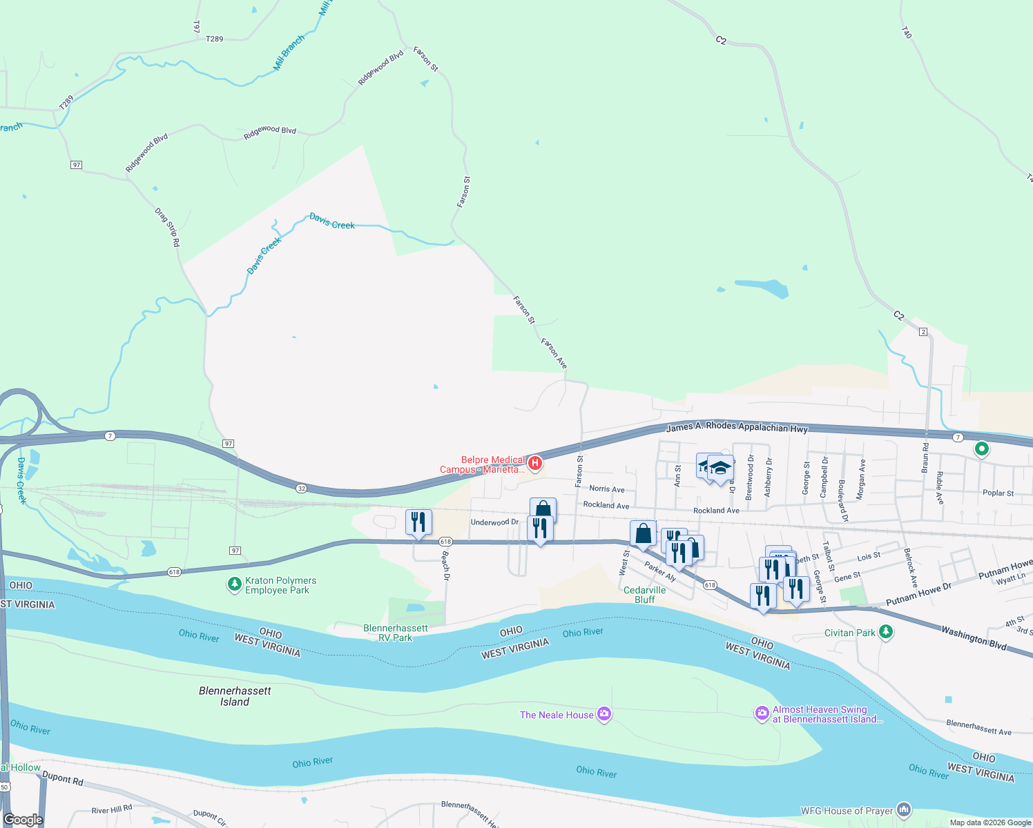 map of restaurants, bars, coffee shops, grocery stores, and more near 2525 Valley View Drive in Belpre