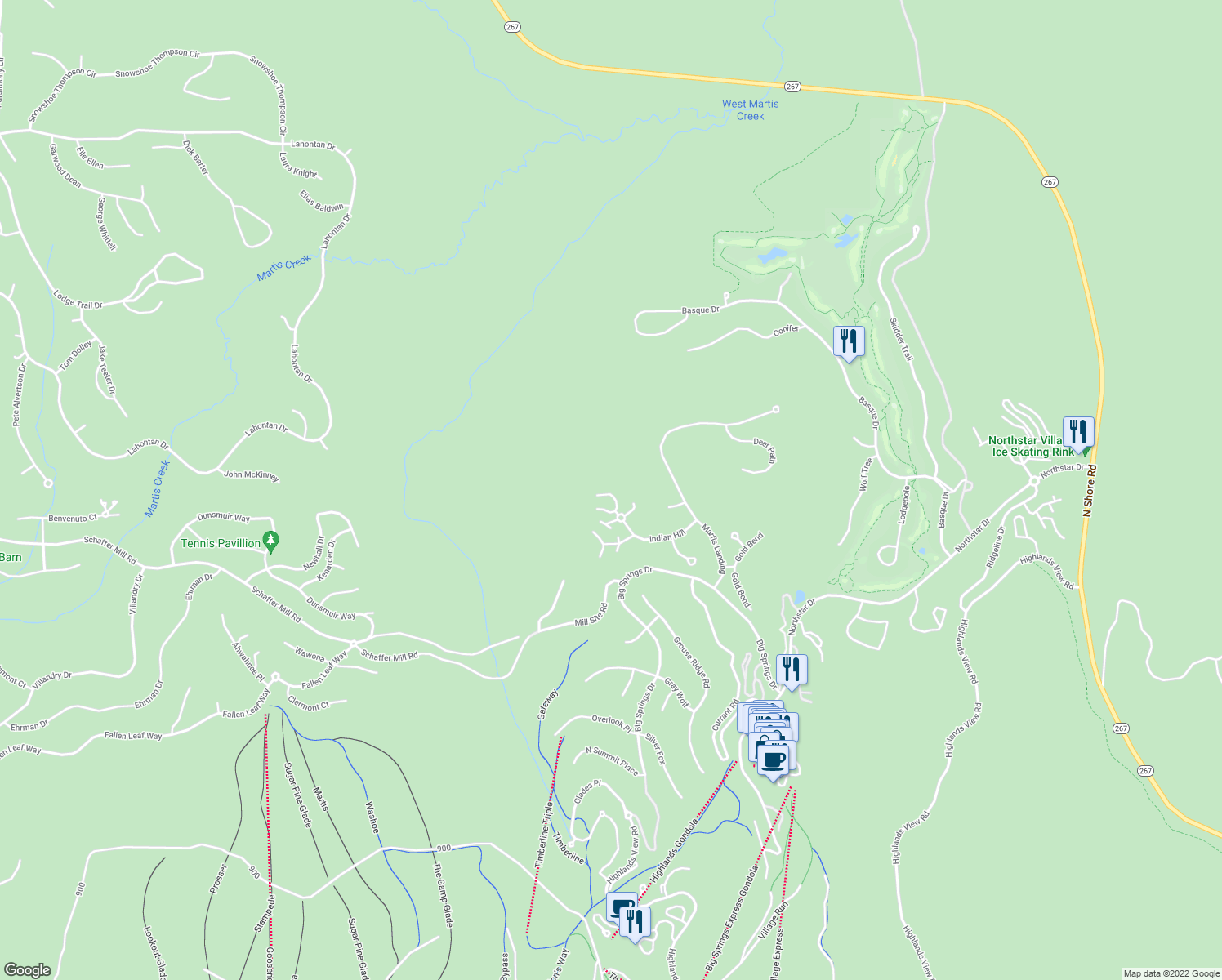 map of restaurants, bars, coffee shops, grocery stores, and more near 6114 Rocky Point in Truckee