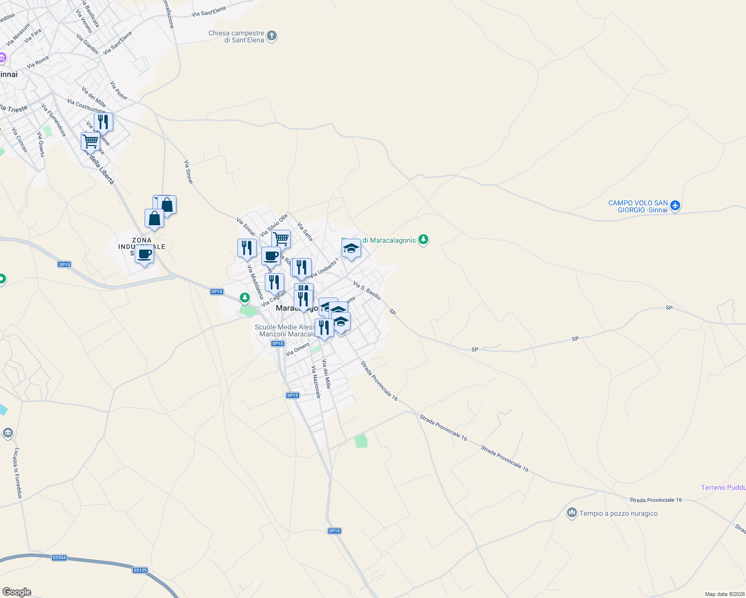 map of restaurants, bars, coffee shops, grocery stores, and more near 16 Via Minervini in Maracalagonis