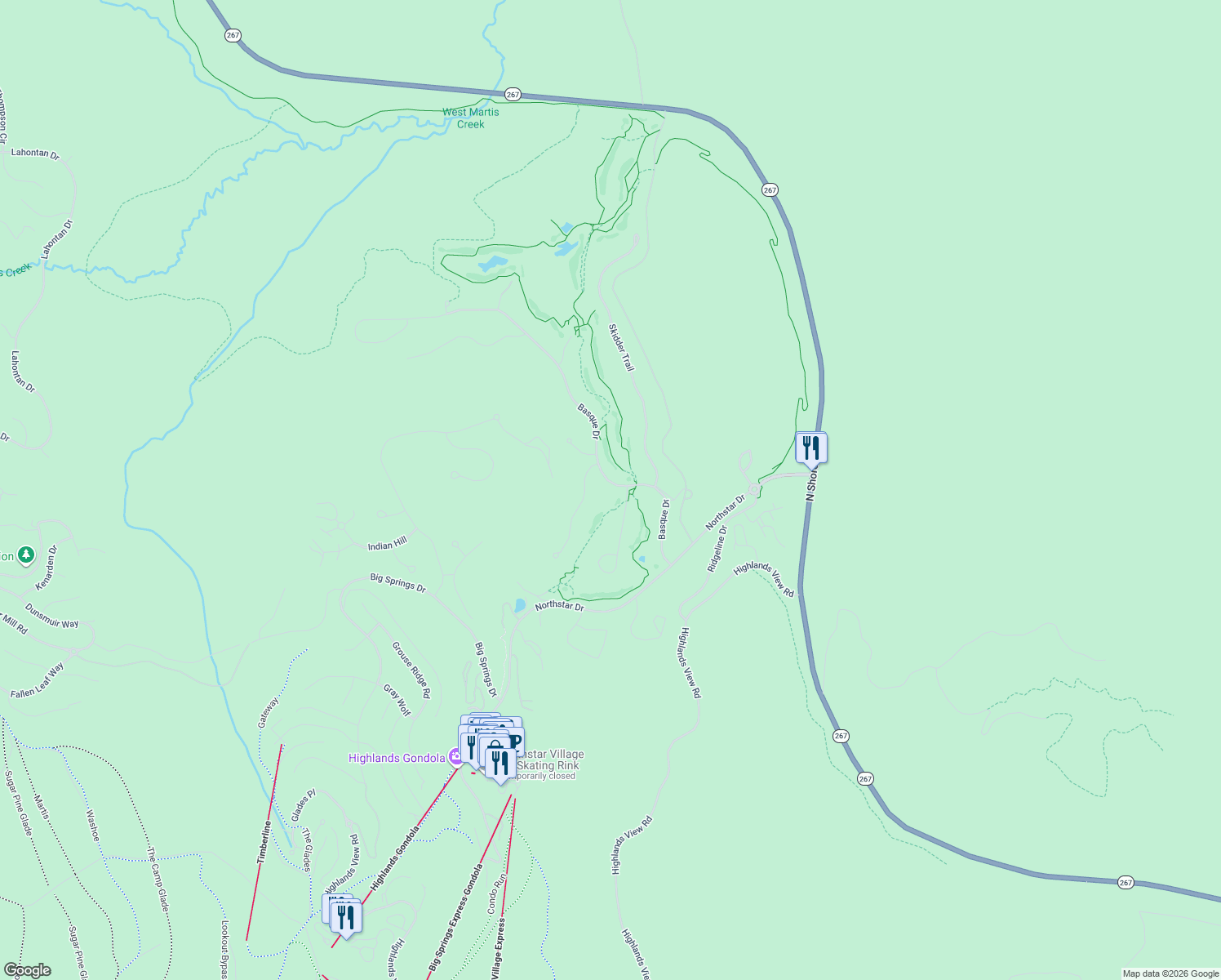 map of restaurants, bars, coffee shops, grocery stores, and more near 129 Basque Drive in Truckee