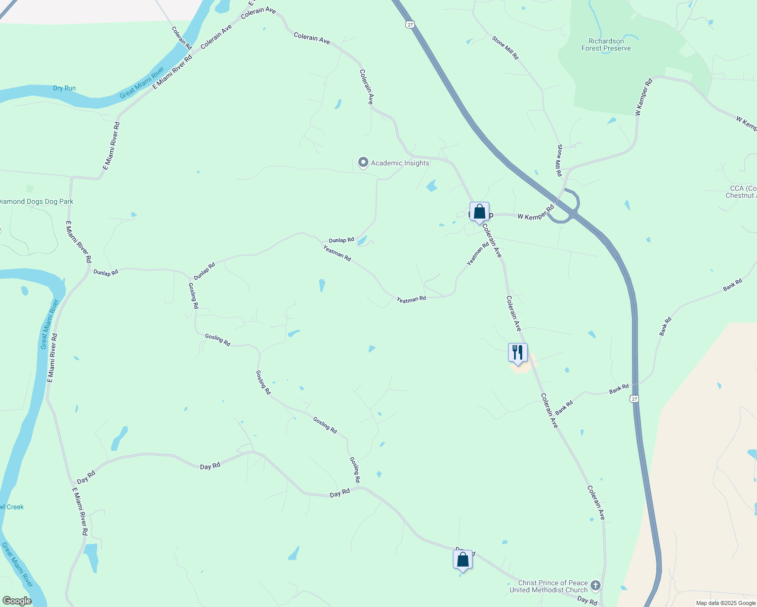 map of restaurants, bars, coffee shops, grocery stores, and more near 5641 Yeatman Road in Cincinnati