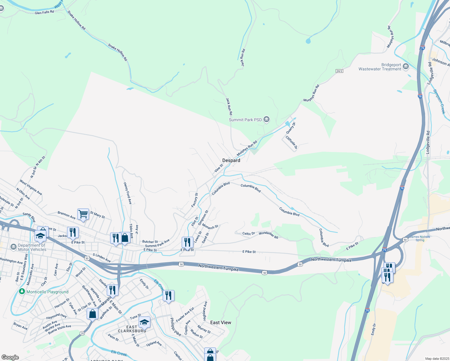 map of restaurants, bars, coffee shops, grocery stores, and more near 151 Railroad St in Clarksburg