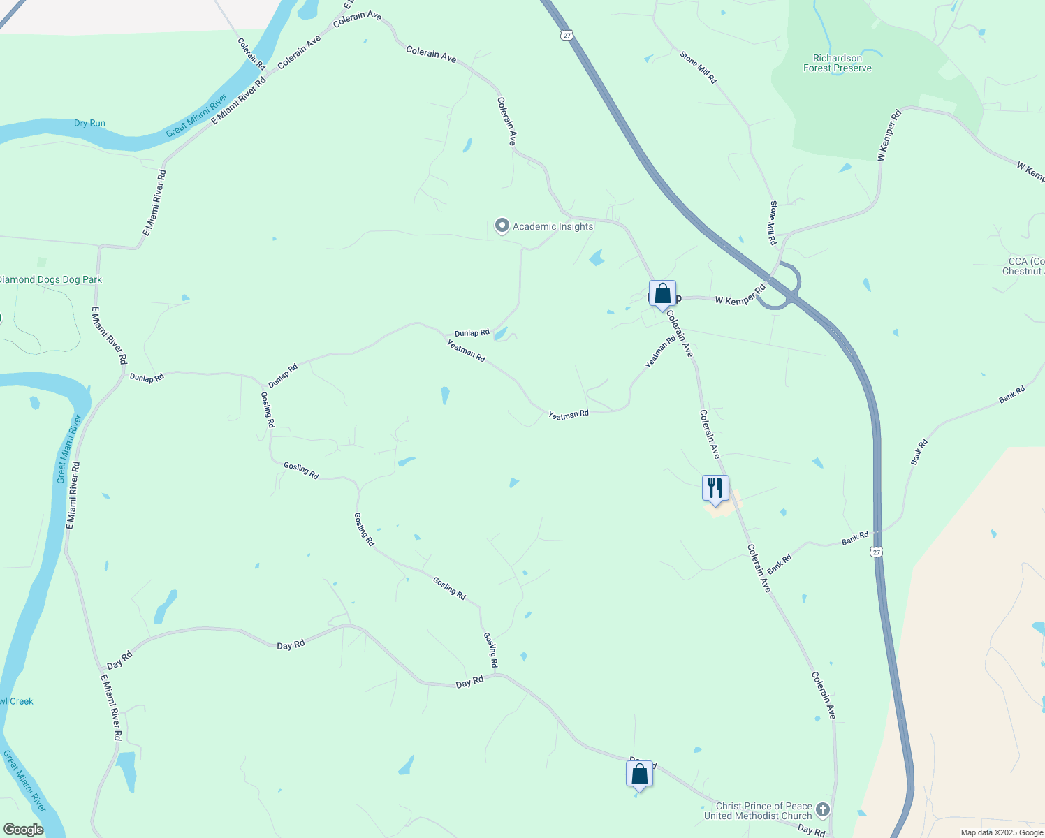 map of restaurants, bars, coffee shops, grocery stores, and more near 5641 Yeatman Road in Cincinnati