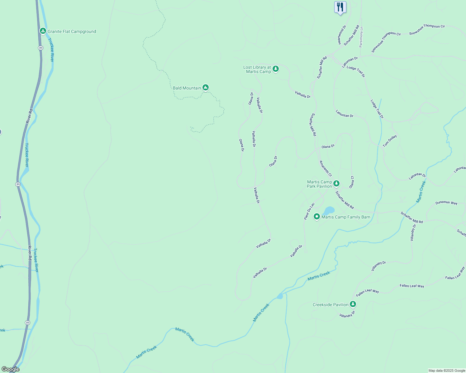map of restaurants, bars, coffee shops, grocery stores, and more near 10909 Olana Drive in Truckee