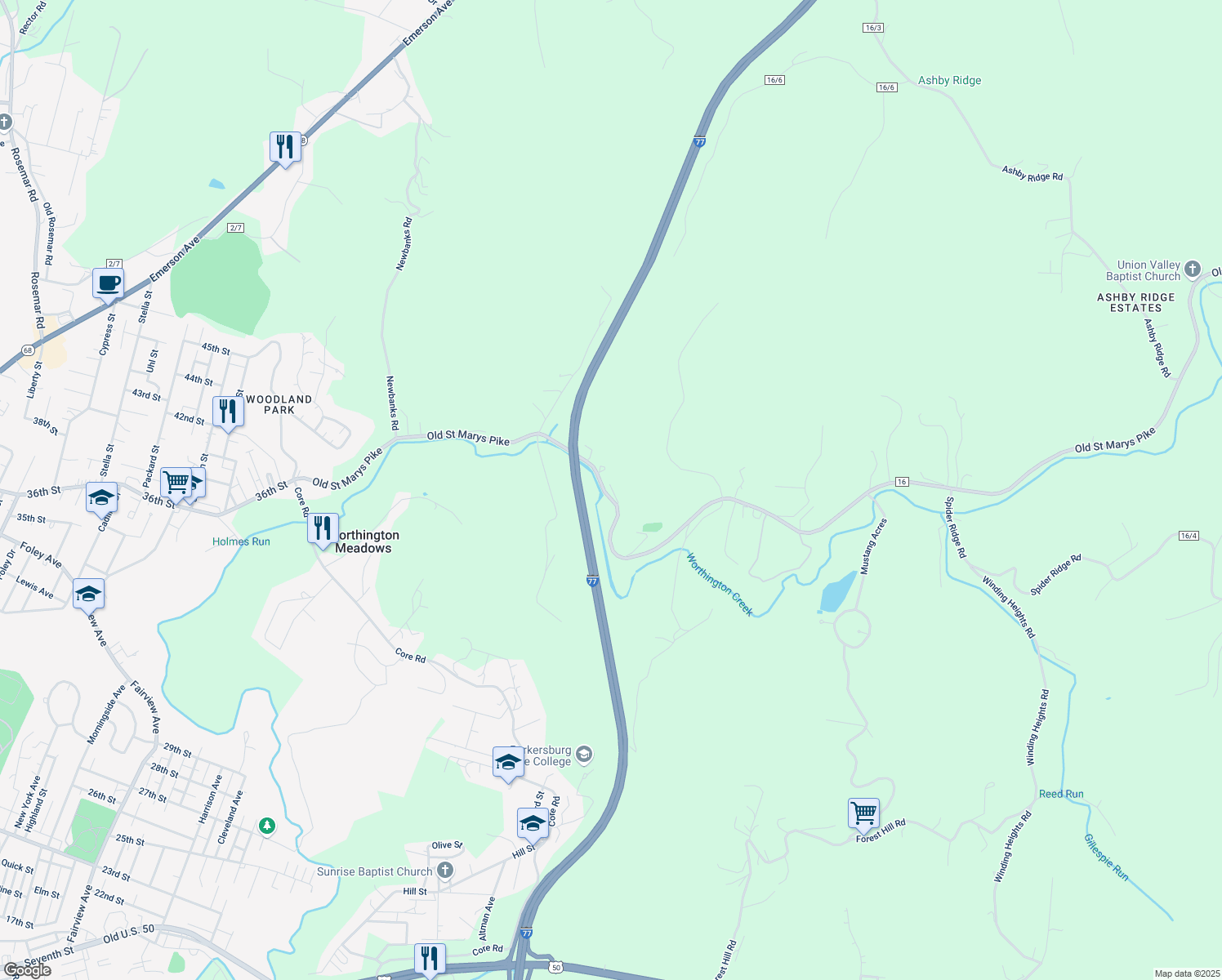 map of restaurants, bars, coffee shops, grocery stores, and more near 1021 Saint Marys Pike in Parkersburg