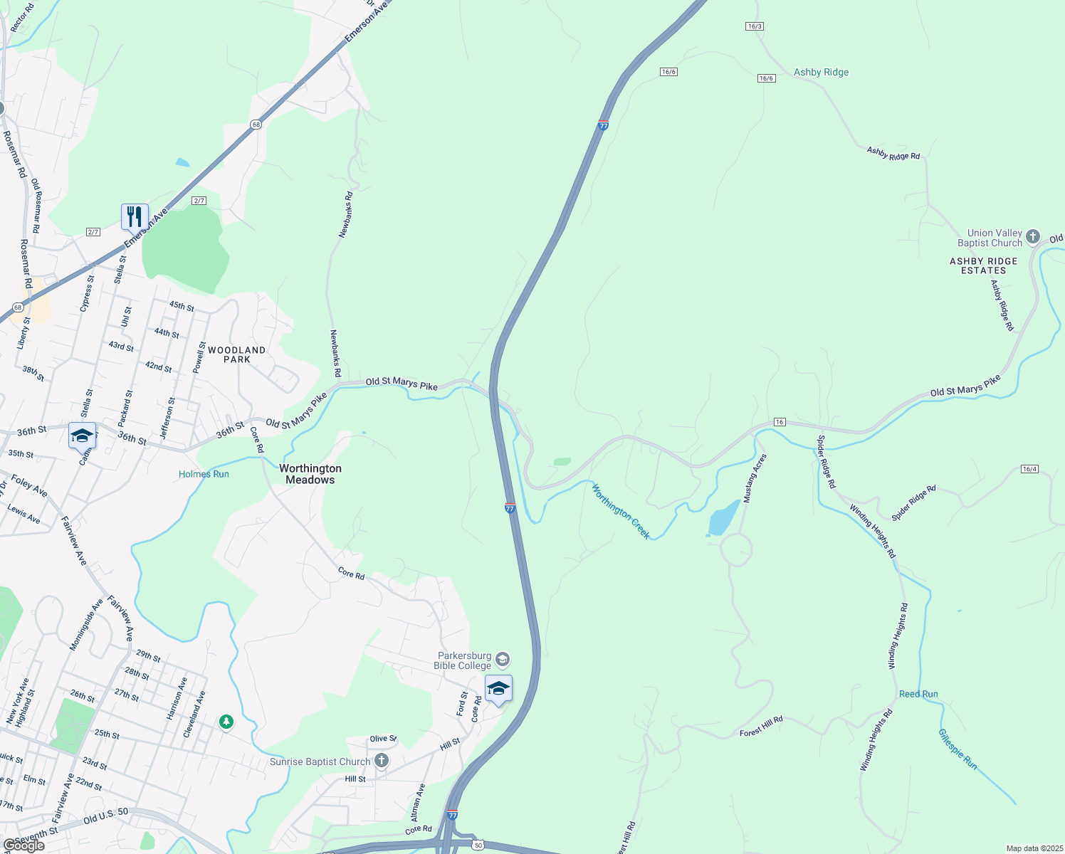 map of restaurants, bars, coffee shops, grocery stores, and more near 1021 Saint Marys Pike in Parkersburg