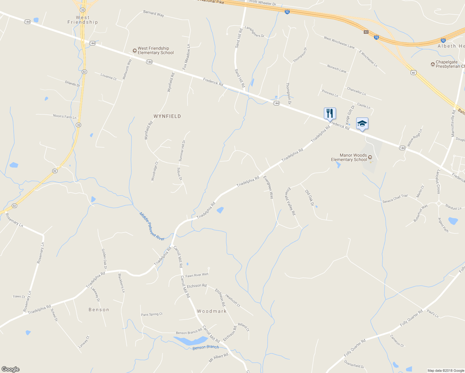 map of restaurants, bars, coffee shops, grocery stores, and more near 12100 Triadelphia Road in Ellicott City